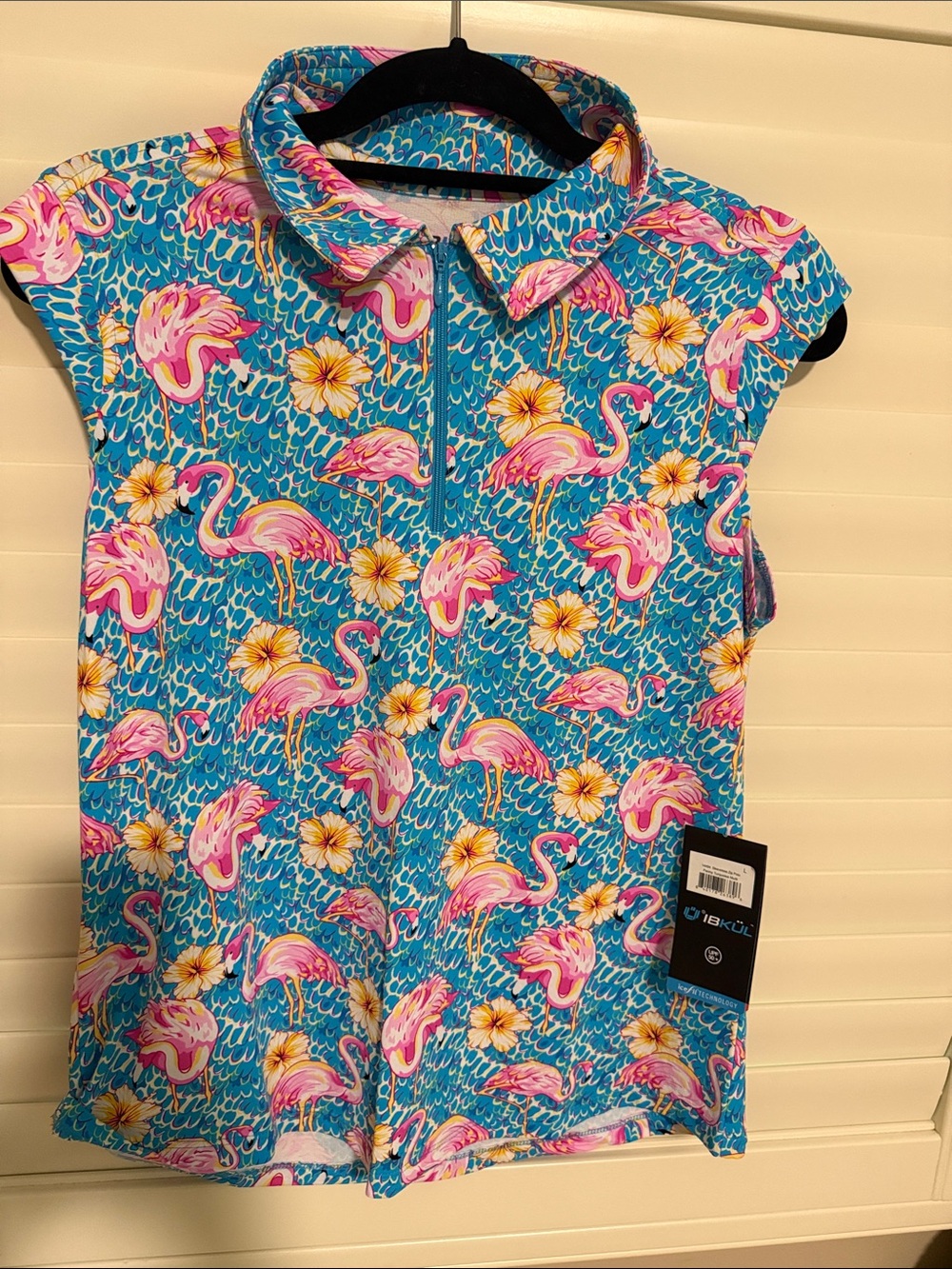 IBKUL Blue Flamingo Print Tank Top with Pink Accents